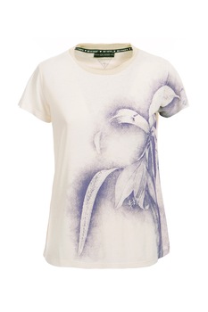 GUESS JEANS, Tricou cu decolteu la baza gatului si model grafic, Alb prafuit/Indigo GUESS JEANS, Tricou cu decolteu la baza gatului si model grafic, Alb prafuit/Indigo