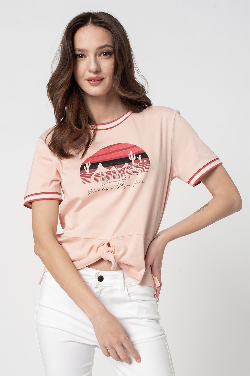 GUESS JEANS, Tricou cu imprimeu si detaliu innodat, Roz pastel/Violet tyrian, XS