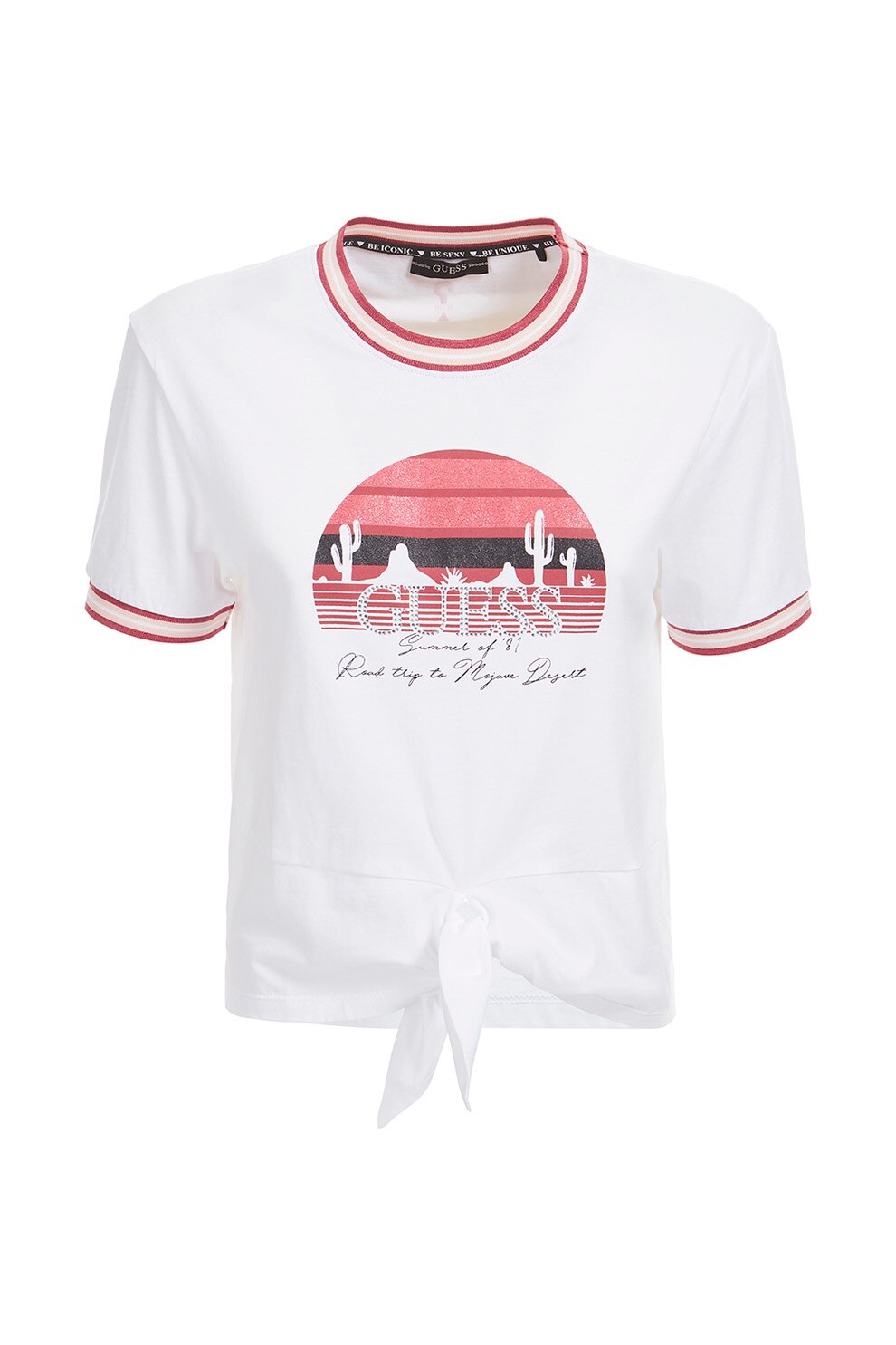 GUESS JEANS, Tricou cu imprimeu si detaliu innodat, Alb/Rosu, XS