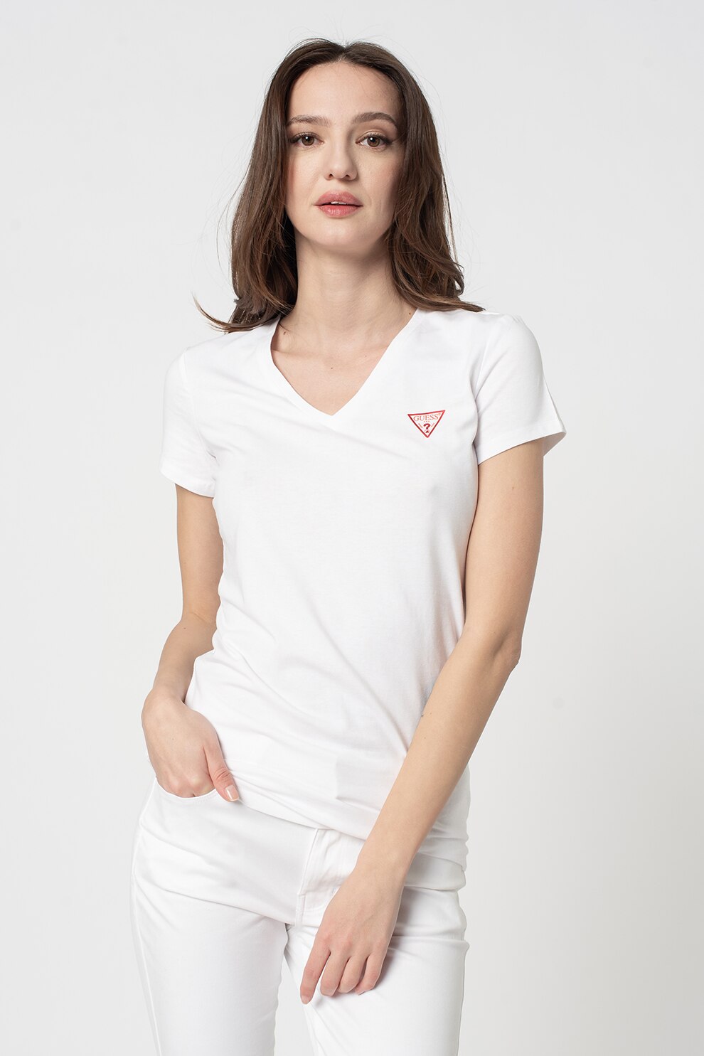 GUESS JEANS, Tricou cu decolteu in V si logo discret, Alb