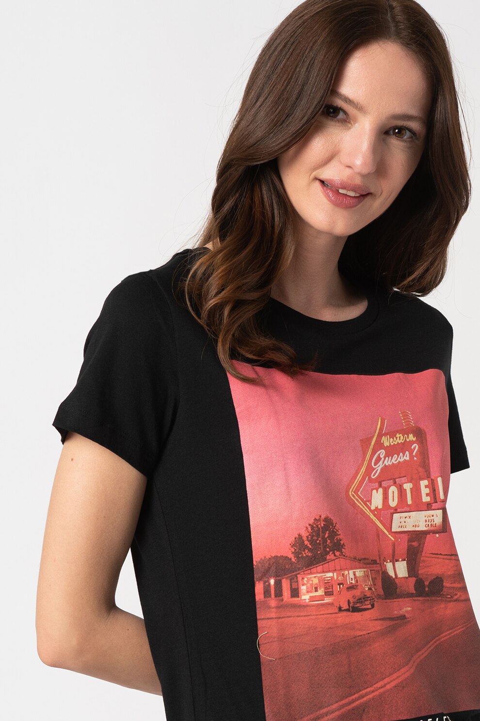 GUESS JEANS, Tricou din amestec de modal cu imprimeu grafic, Negru/Corai, XS