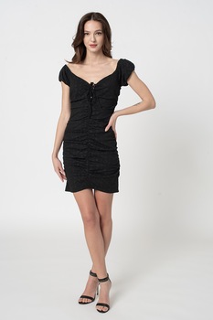 GUESS JEANS, Rochie mini din dantela San Gallo cu detaliu cu snur, Negru GUESS JEANS, Rochie mini din dantela San Gallo cu detaliu cu snur, Negru