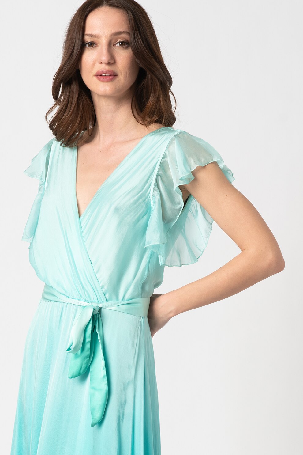 GUESS JEANS, Rochie lunga din amestec de matase cu aspect in degrade, Verde menta