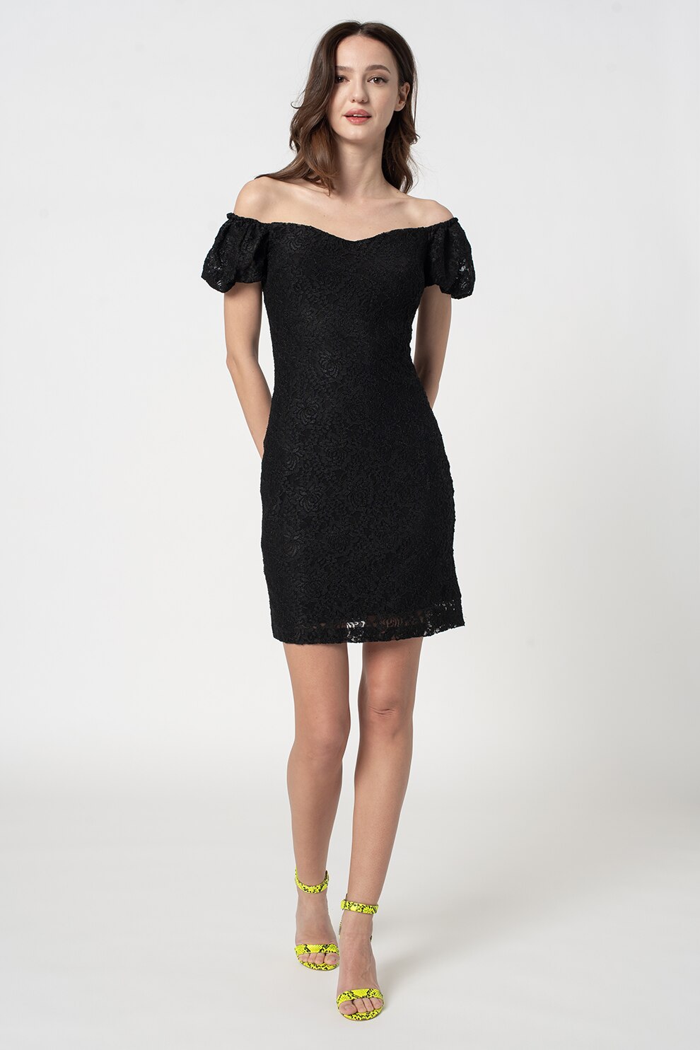 GUESS JEANS, Rochie bodycon mini cu maneci bufante, Negru