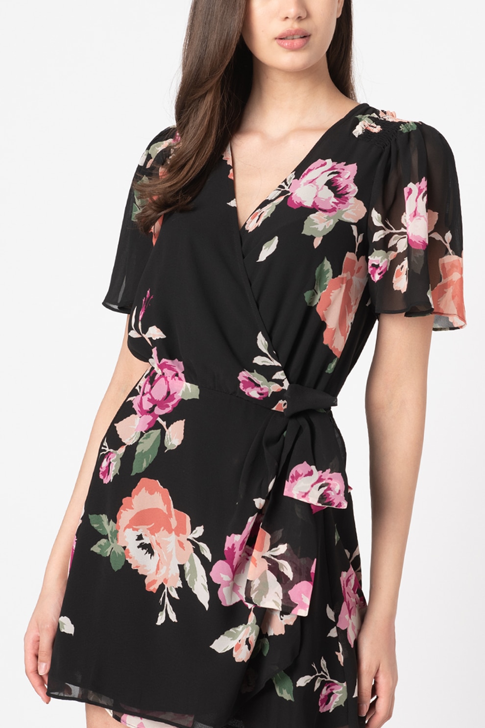 GUESS JEANS, Rochie mini petrecuta cu imprimeu floral, Negru/Roz/Verde