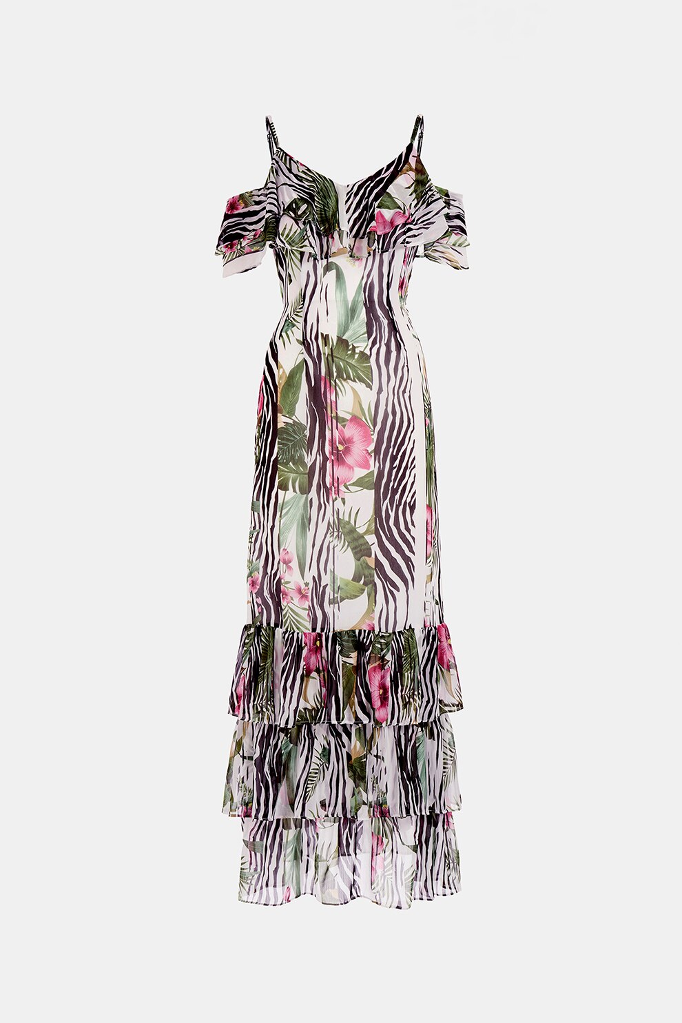 GUESS JEANS, Rochie maxi cu decupaj pe umeri, Alb/Negru/Roz