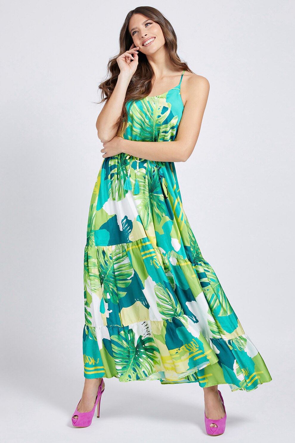 GUESS JEANS, Rochie maxi cu bretele inguste, Verde/Alb/Albastru