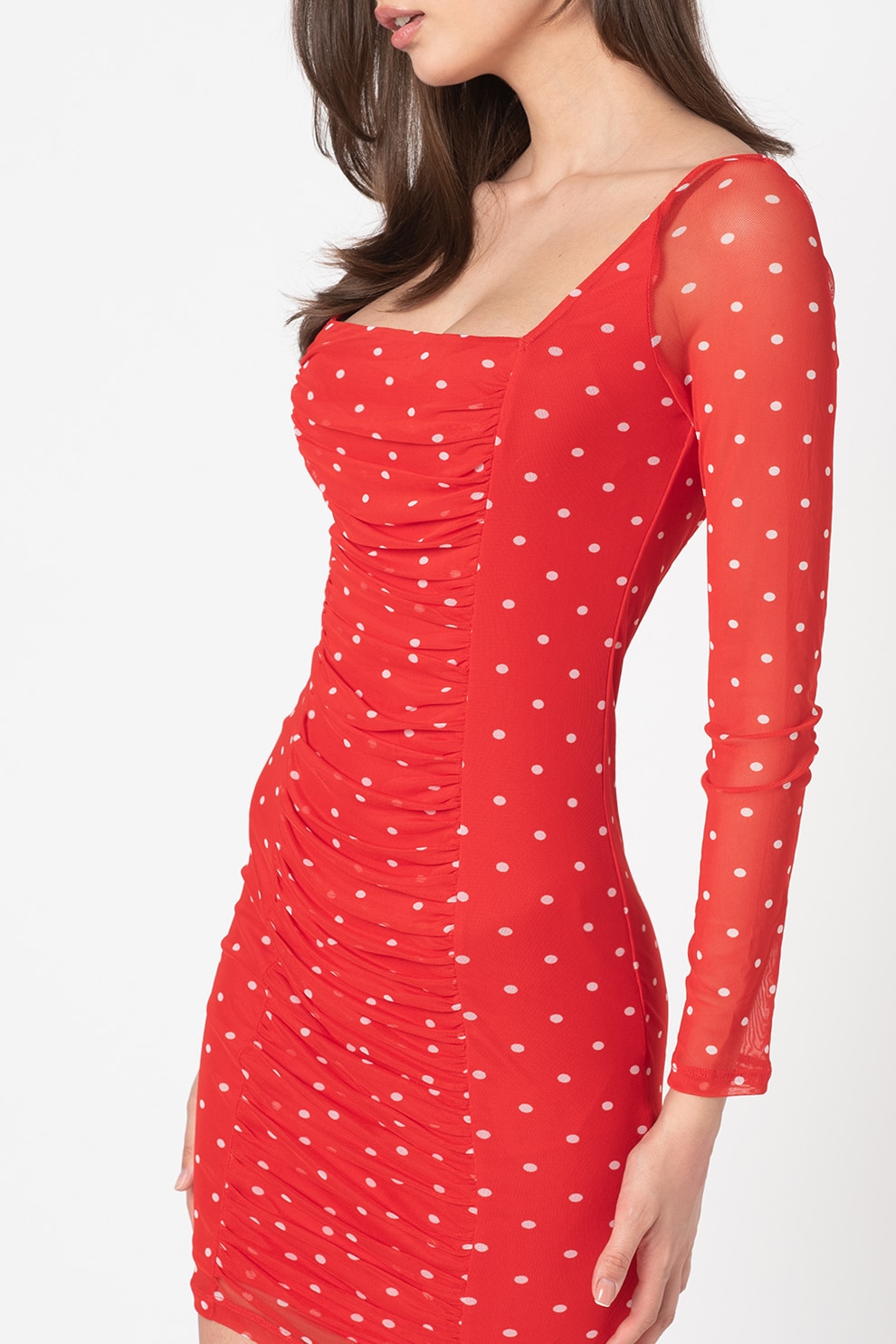 GUESS JEANS, Rochie cu croiala bodycon si imprimeu cu buline, Rosu/Alb