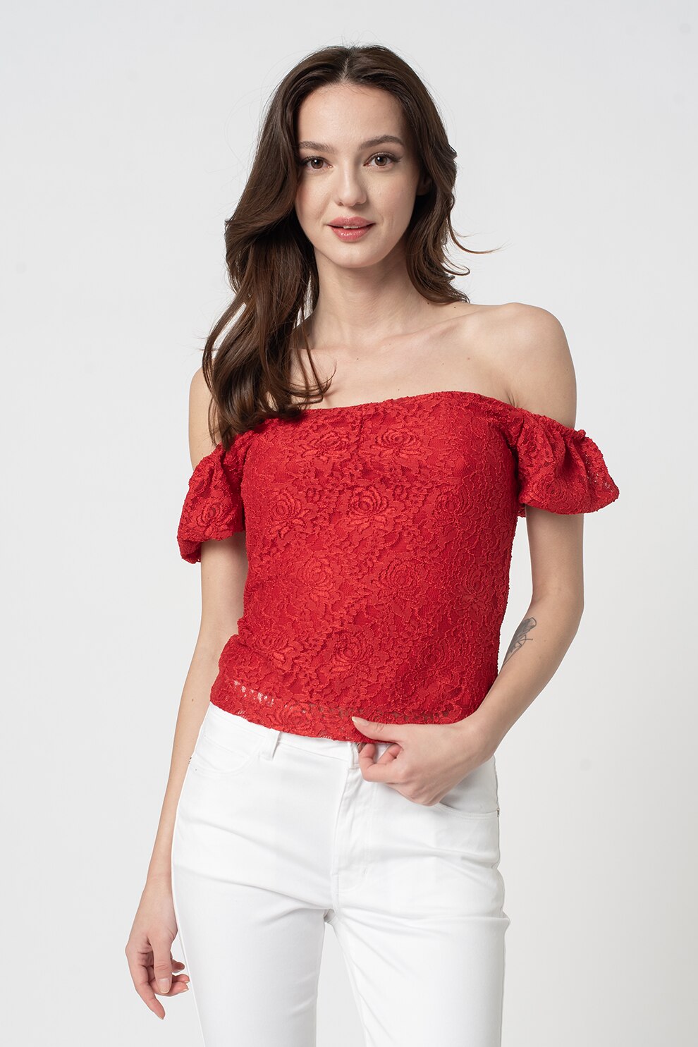 GUESS JEANS, Bluza de dantela cu decolteu pe umeri, Rosu