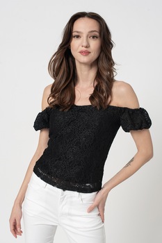 GUESS JEANS, Bluza de dantela cu decolteu pe umeri, Negru GUESS JEANS, Bluza de dantela cu decolteu pe umeri, Negru