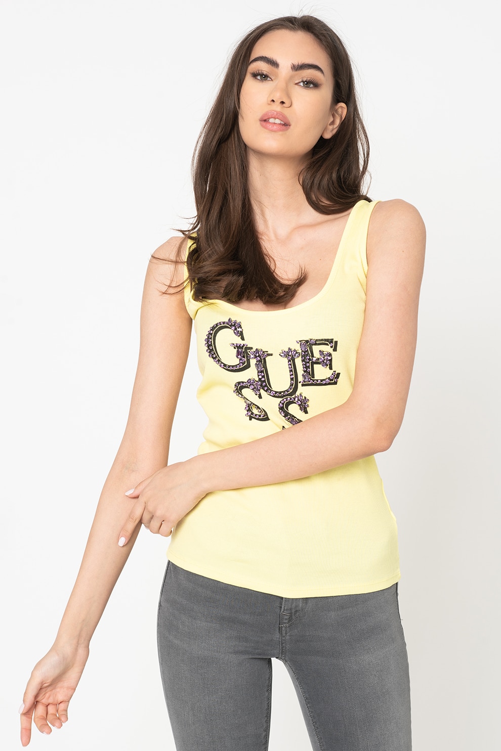 GUESS JEANS, Top cu strasuri, Galben