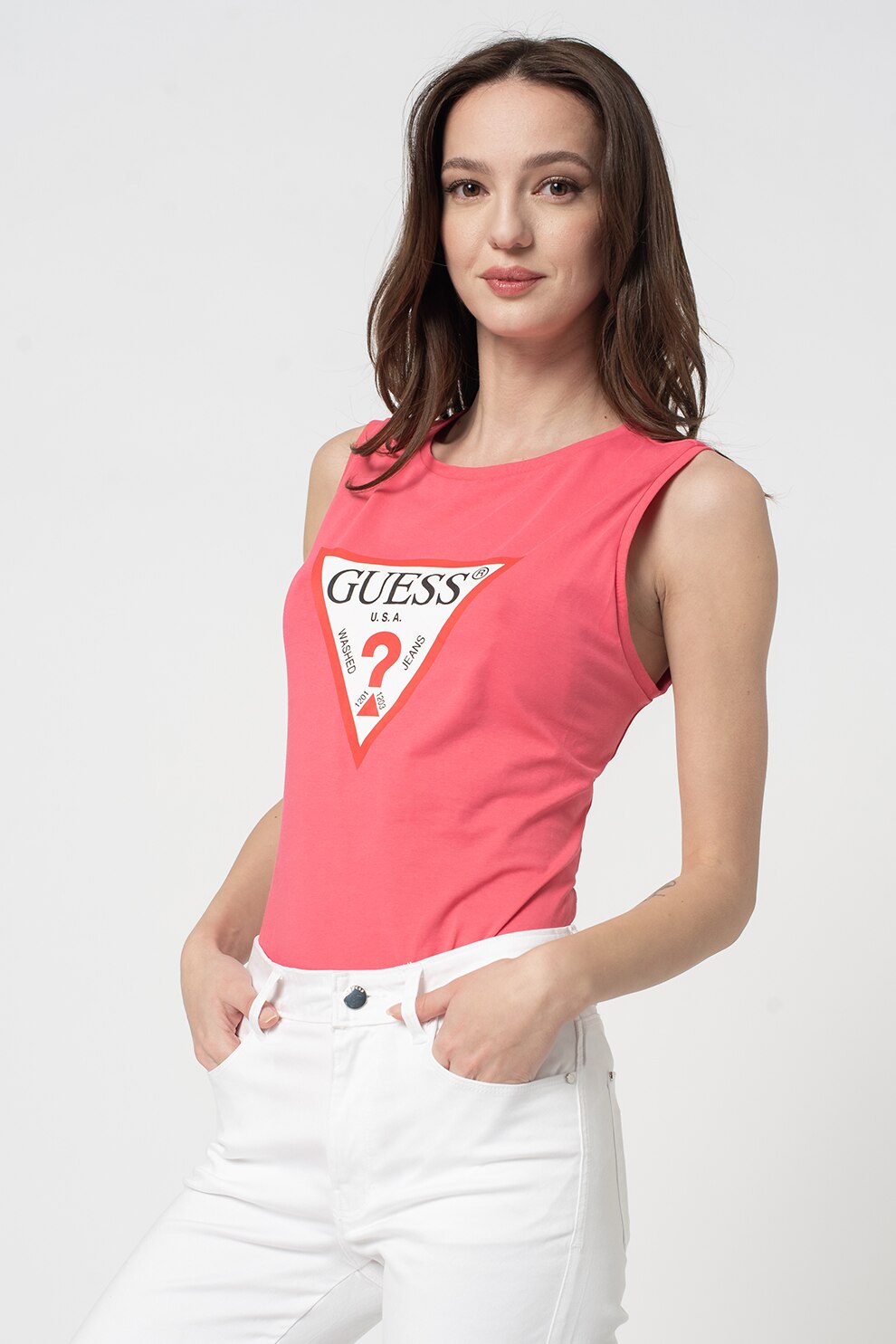 GUESS JEANS, Body cu logo supradimensionat, Roz/Alb/Rosu