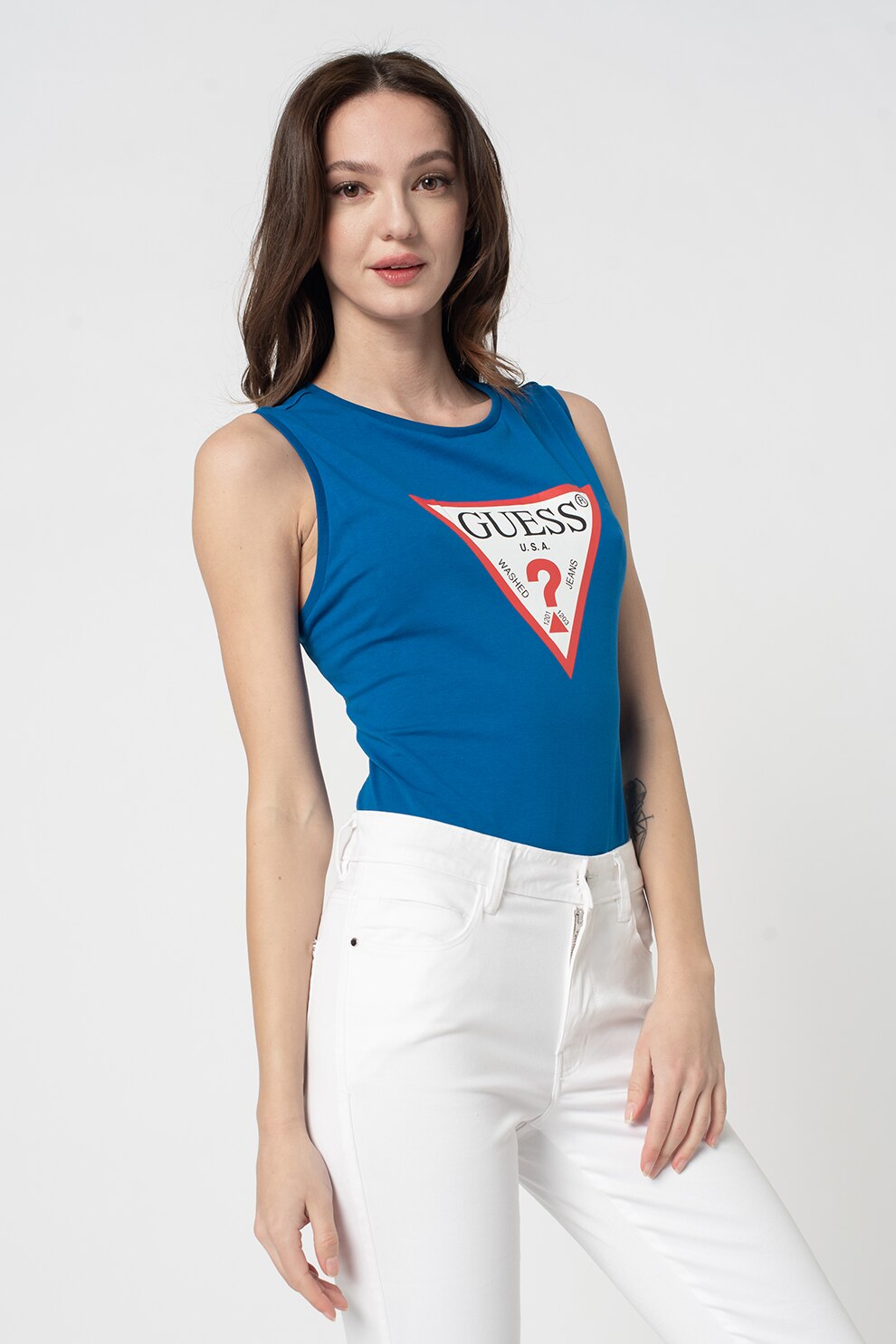 GUESS JEANS, Body cu logo supradimensionat, Albastru inchis/Alb/Rosu