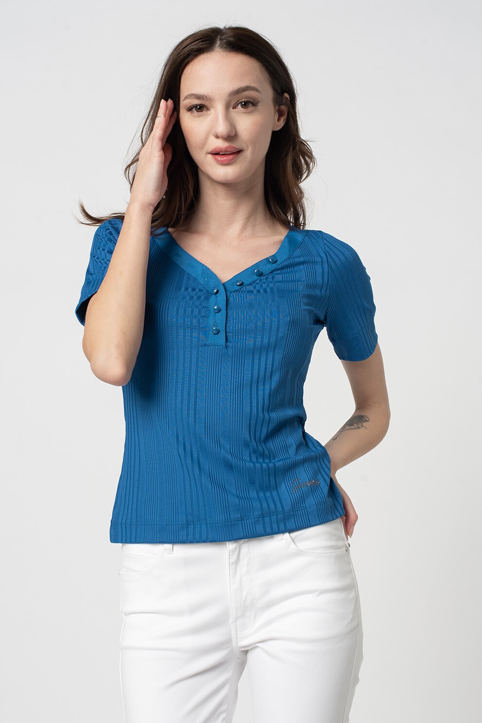 GUESS JEANS, Tricou cu decolteu in V, Albastru inchis