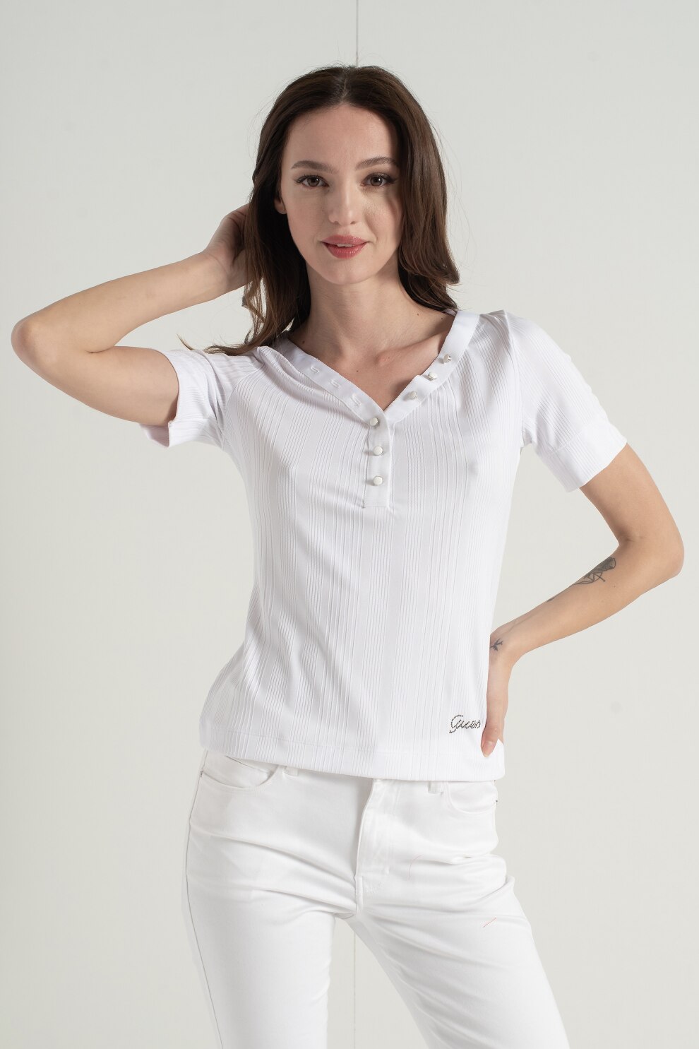 GUESS JEANS, Tricou cu decolteu in V, Alb optic