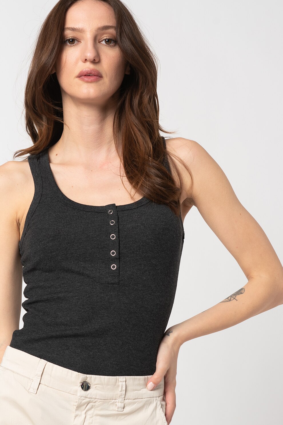 GUESS JEANS, Top Henley slim fit cu striatii, Negru stins