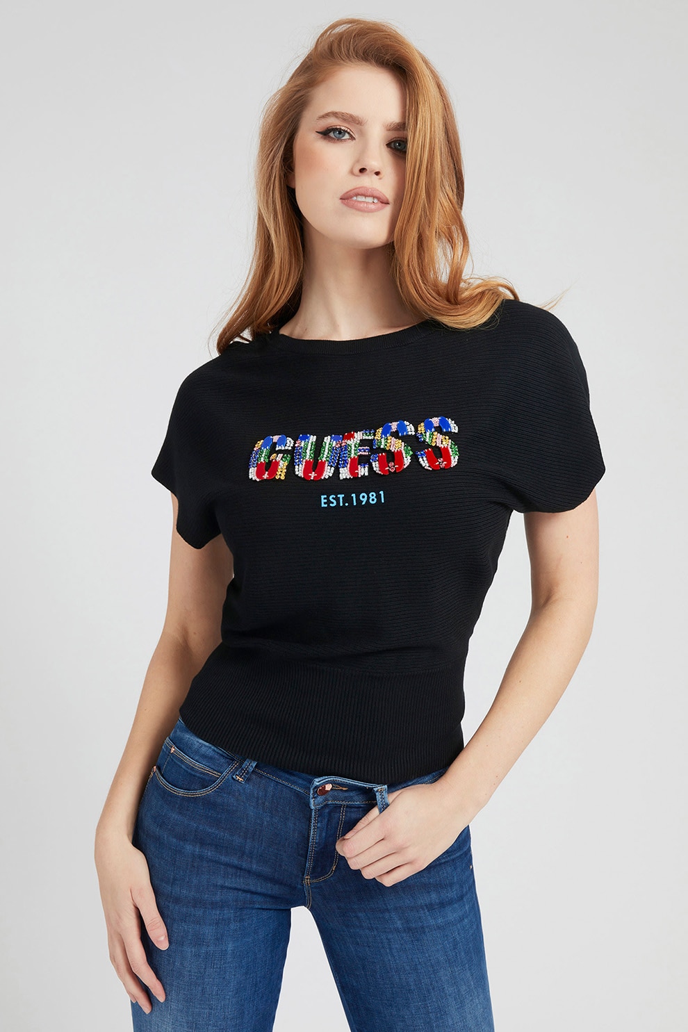 GUESS JEANS, Tricou cu striatii decorat cu margele si strasuri, Negru/Rosu/Albastru, XS