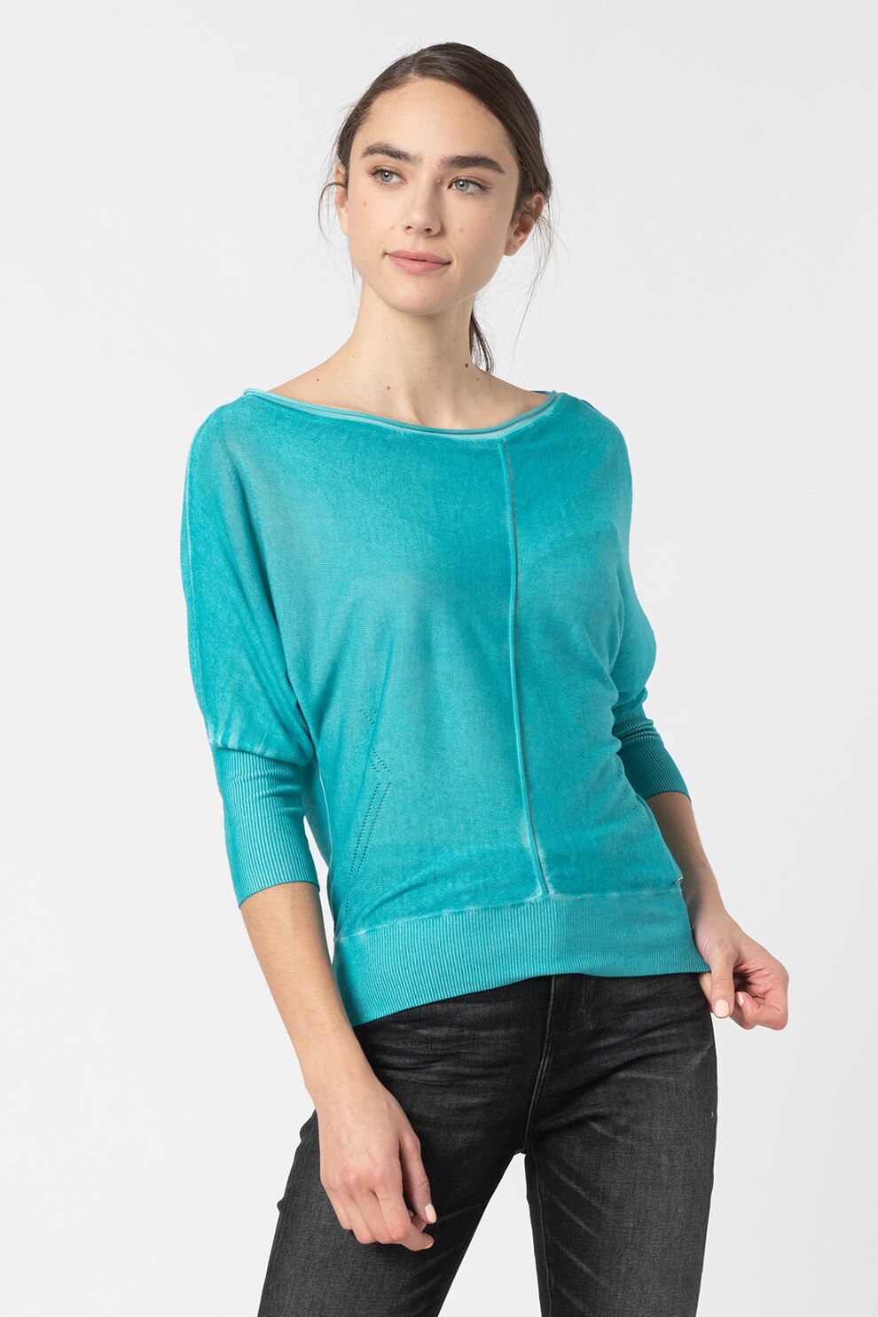 GUESS JEANS, Pulover tricotat fin cu decolteu pe umeri, Verde persan