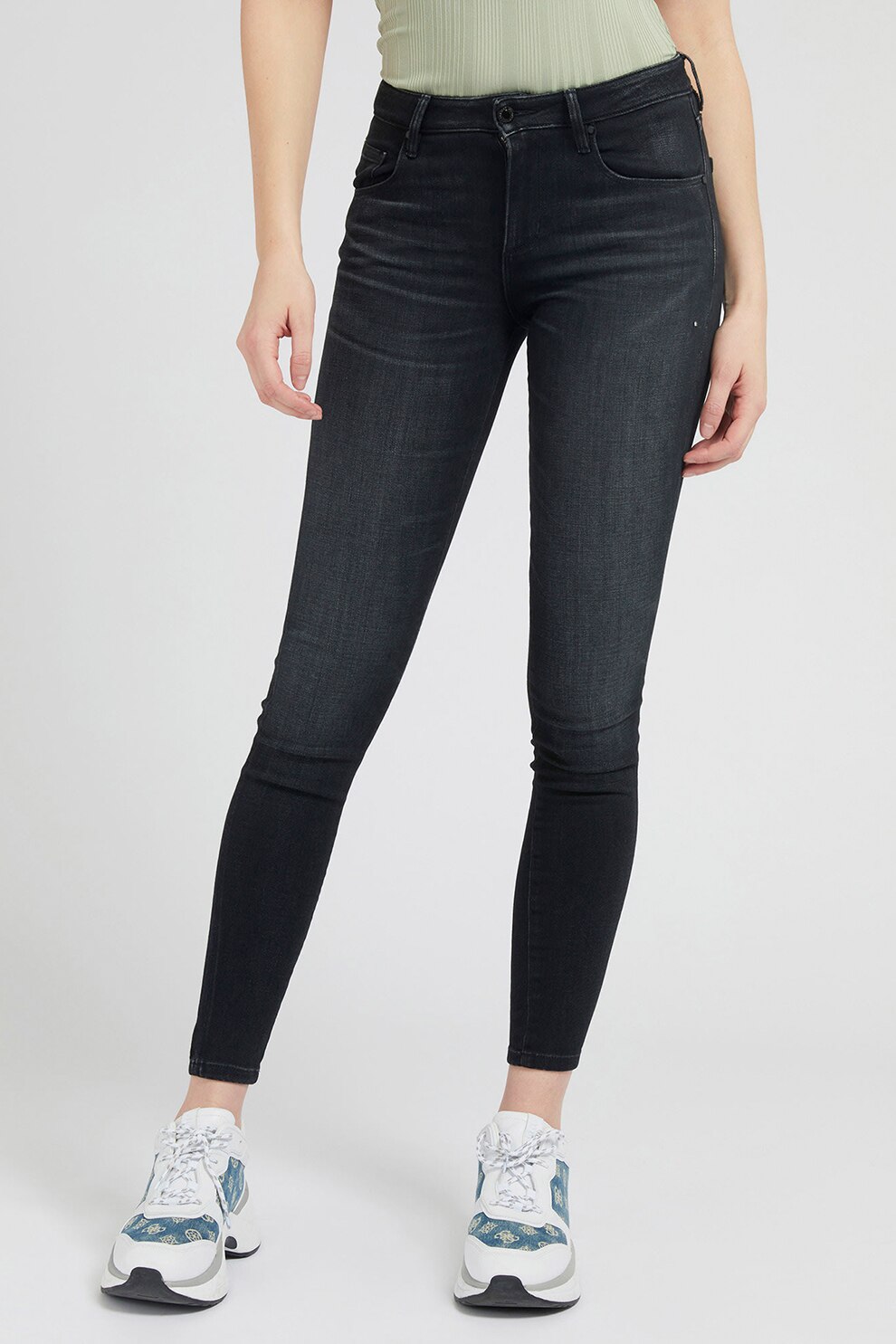 GUESS JEANS, Blugi skinny cu strasuri pe buzunarul din spate, Negru, W25-L32