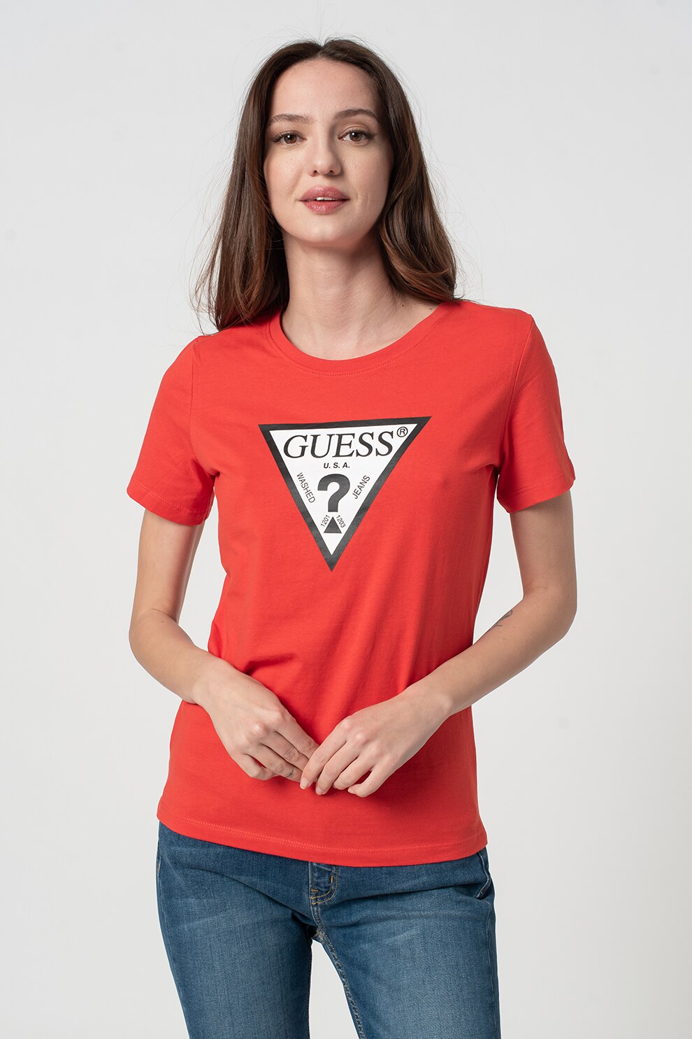 GUESS JEANS, Tricou cu imprimeu logo, Rosu vermillion/Alb/Negru, M