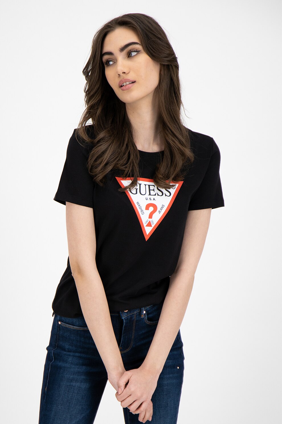 GUESS JEANS, Tricou cu decolteu la baza gatului si logo triunghi, Negru, L