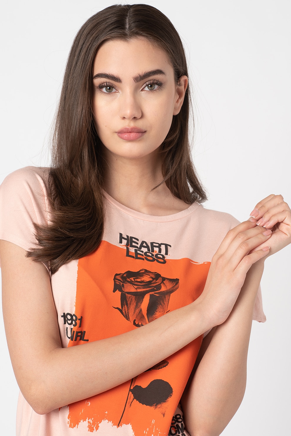 GUESS JEANS, Tricou cu decolteu la baza gatului si imprimeu, Roz pastel/oranj mandarina, XS