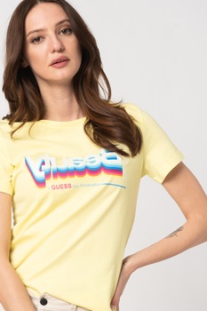 GUESS JEANS, Tricou cu decolteu la baza gatului si imprimeu, Galben GUESS JEANS, Tricou cu decolteu la baza gatului si imprimeu, Galben