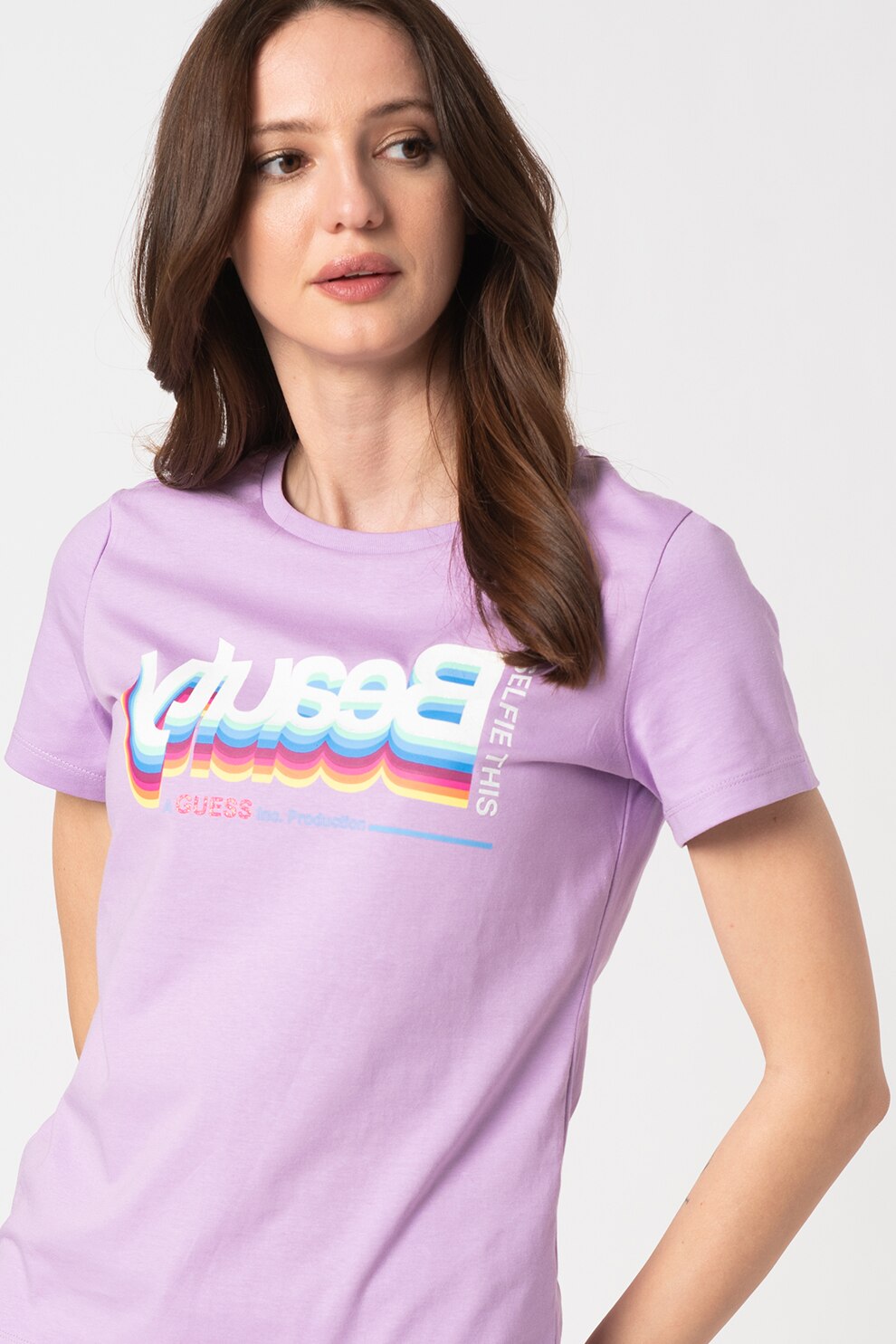 GUESS JEANS, Tricou cu decolteu la baza gatului si imprimeu, Lila