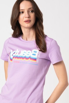 GUESS JEANS, Tricou cu decolteu la baza gatului si imprimeu, Lila GUESS JEANS, Tricou cu decolteu la baza gatului si imprimeu, Lila