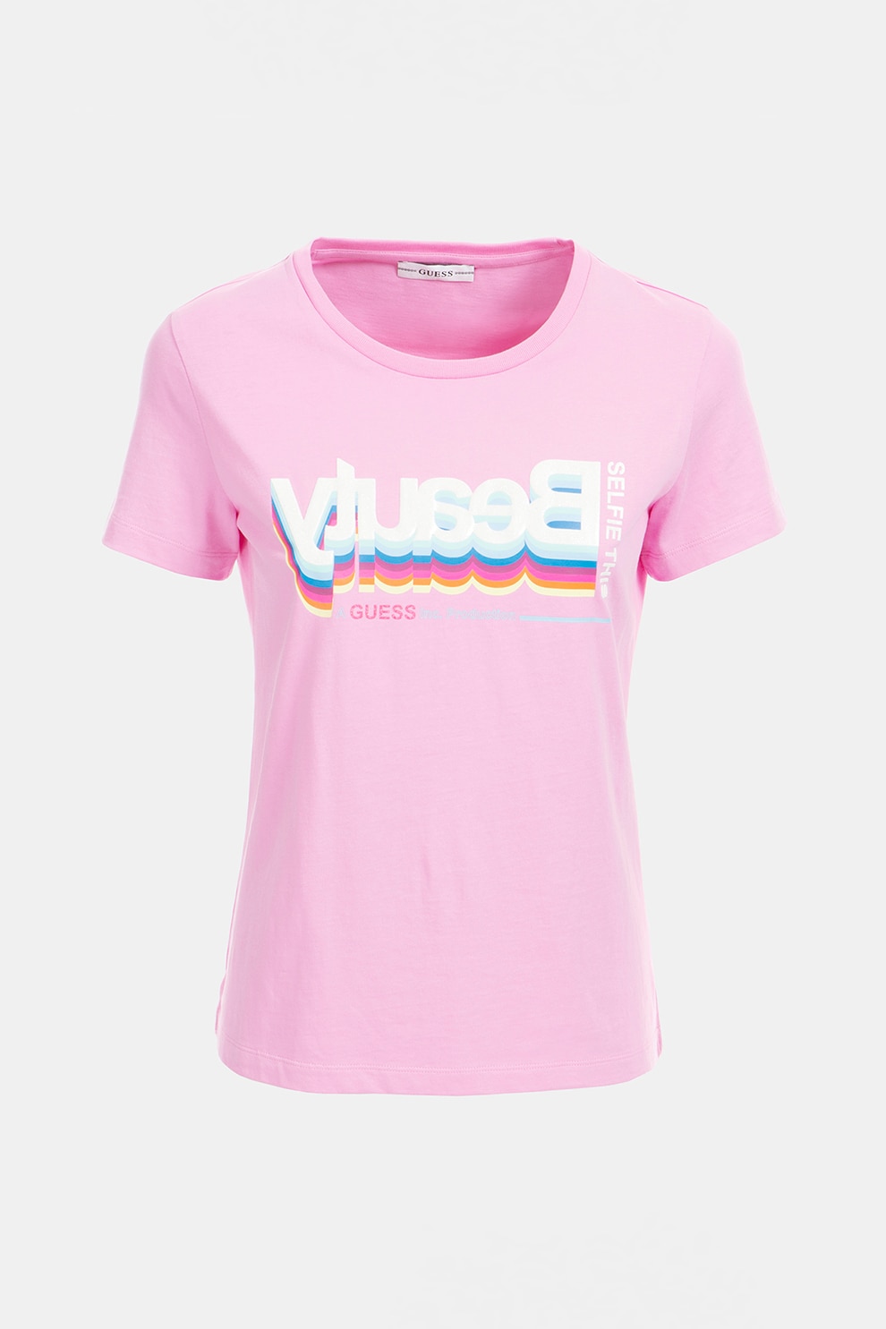 GUESS JEANS, Tricou cu decolteu la baza gatului si imprimeu, Roz/Alb