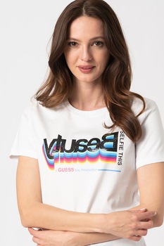 GUESS JEANS, Tricou cu decolteu la baza gatului si imprimeu, Alb optic GUESS JEANS, Tricou cu decolteu la baza gatului si imprimeu, Alb optic