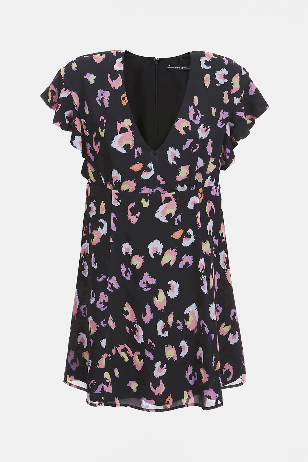 GUESS JEANS, Rochie mini evazata cu decolteu in V, Negru/Roz