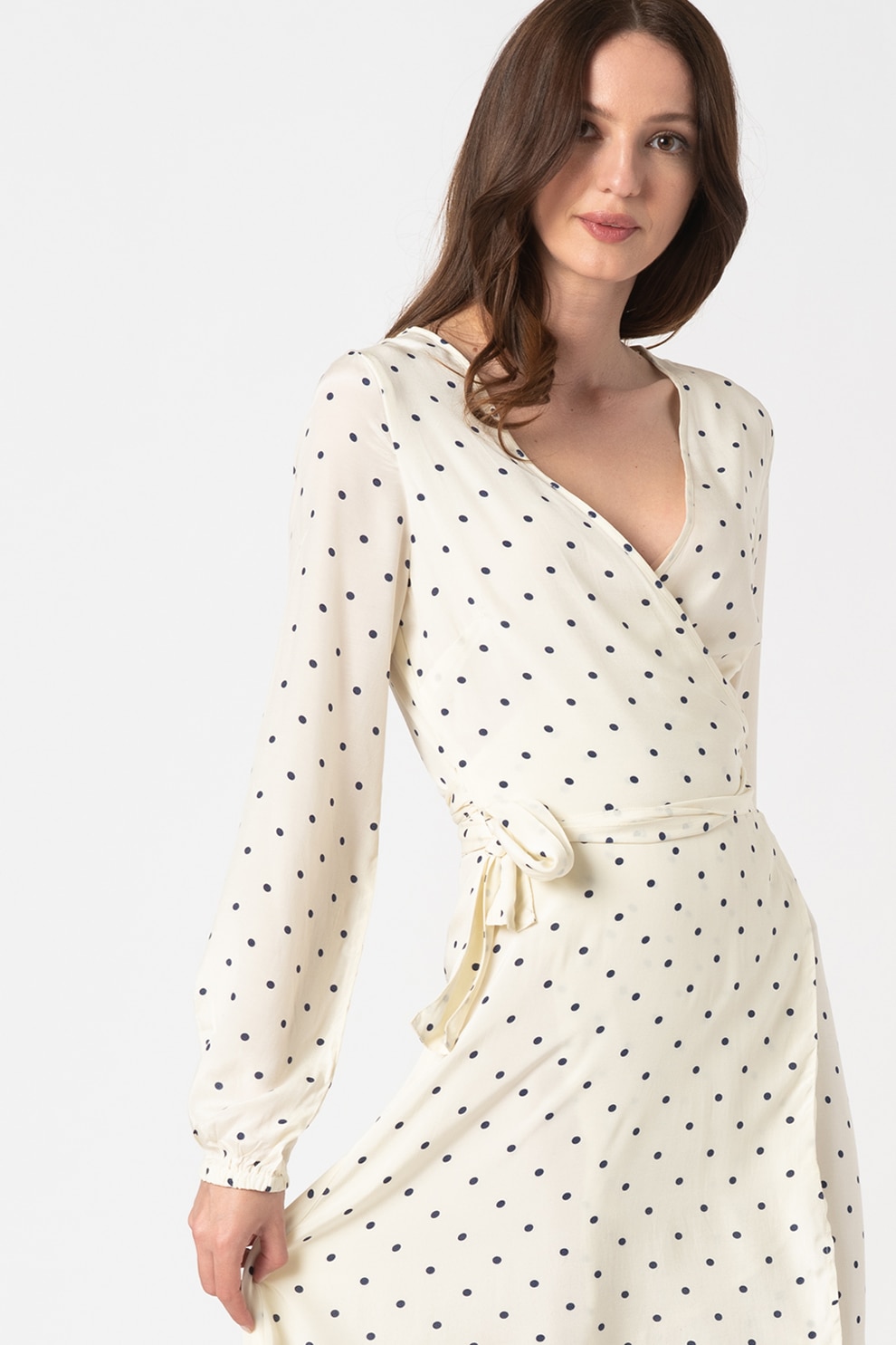 GUESS JEANS, Rochie vaporoasa cu imprimeu si decolteu in V, Crem/Albastru