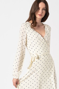 GUESS JEANS, Rochie vaporoasa cu imprimeu si decolteu in V, Crem/Albastru GUESS JEANS, Rochie vaporoasa cu imprimeu si decolteu in V, Crem/Albastru