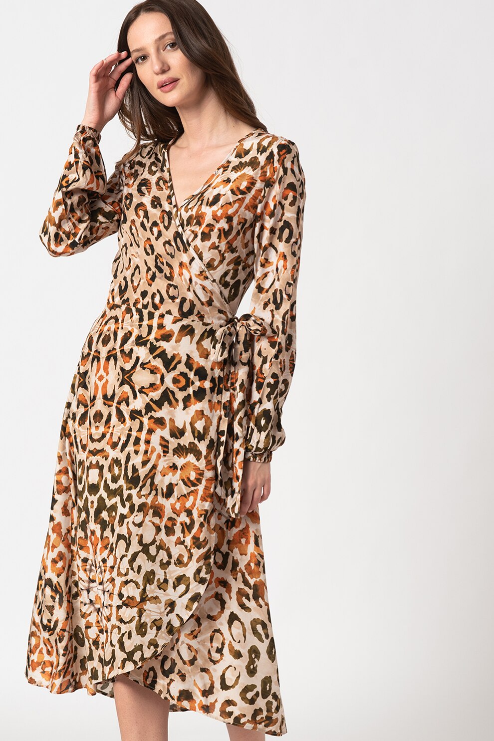 GUESS JEANS, Rochie vaporoasa cu imprimeu si decolteu in V, Maro