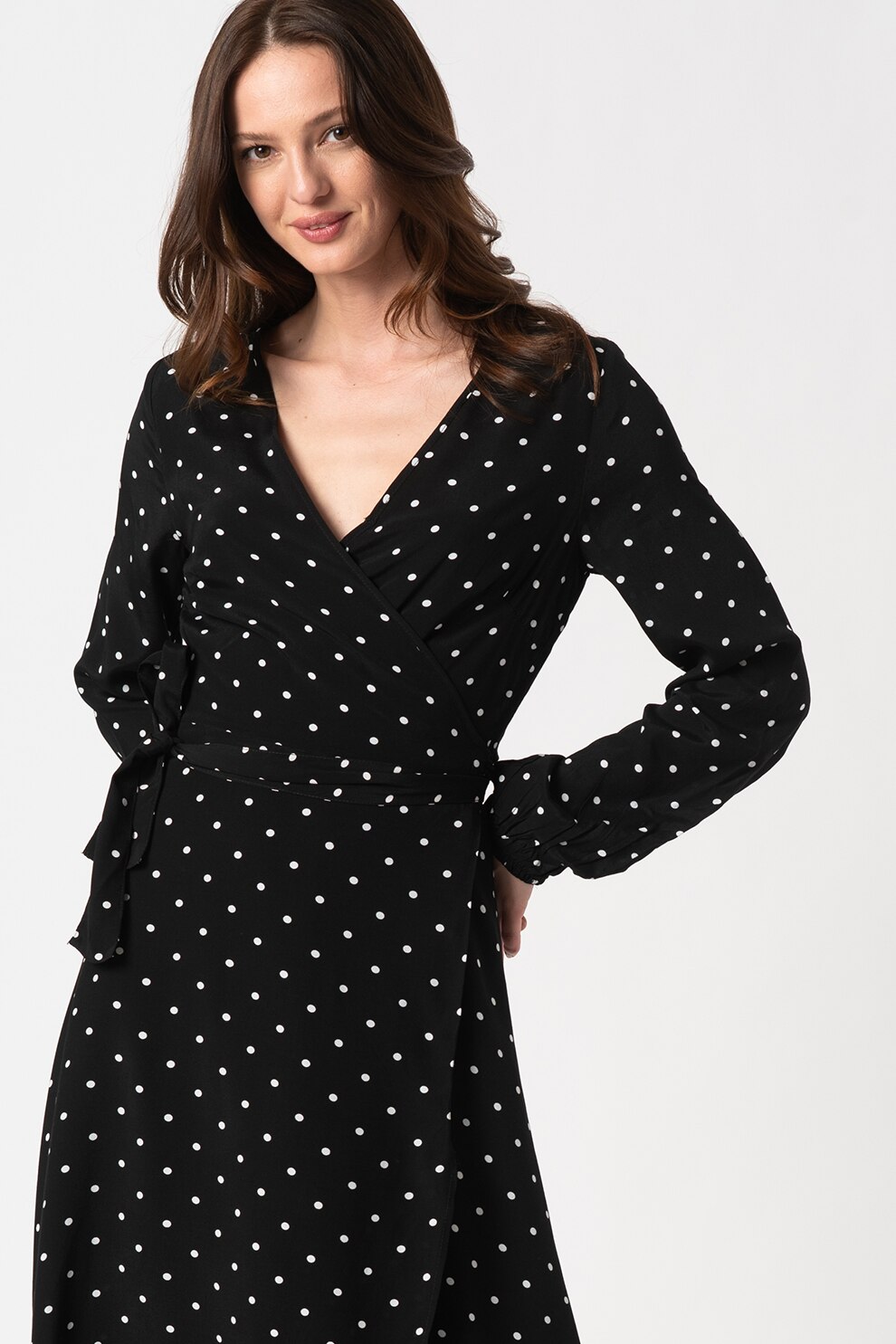 GUESS JEANS, Rochie vaporoasa cu imprimeu si decolteu in V, Negru/Alb