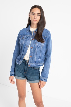 GUESS JEANS, Jacheta din denim cu guler ascutit, Albastru GUESS JEANS, Jacheta din denim cu guler ascutit, Albastru