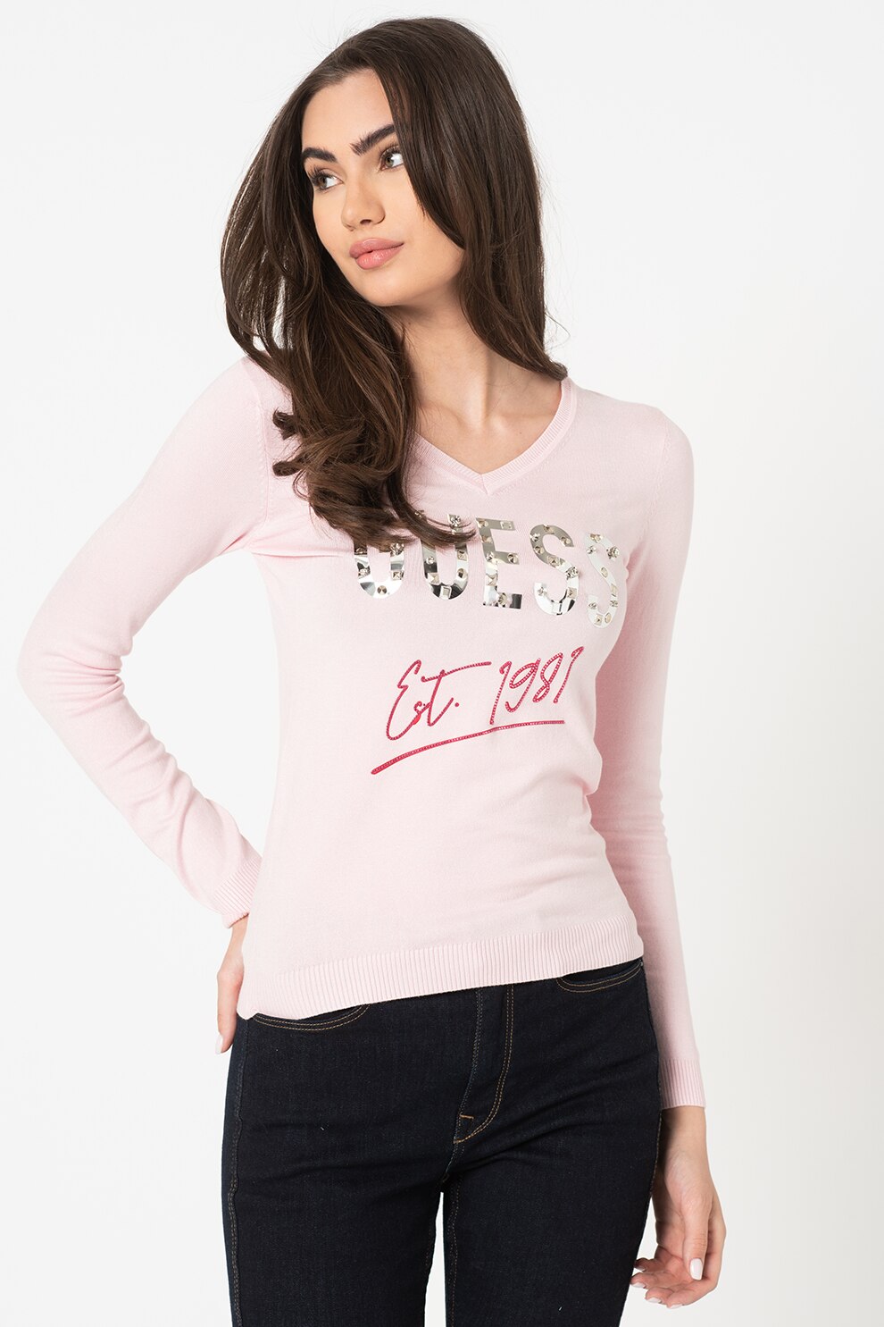 GUESS JEANS, Pulover cu decolteu in V si logo, Roz