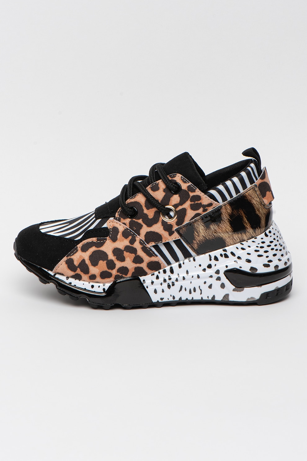 Steve Madden, Pantofi sport cu talpa wedge si animal print Cliff, Maro caramel/negru/alb, 31 EU