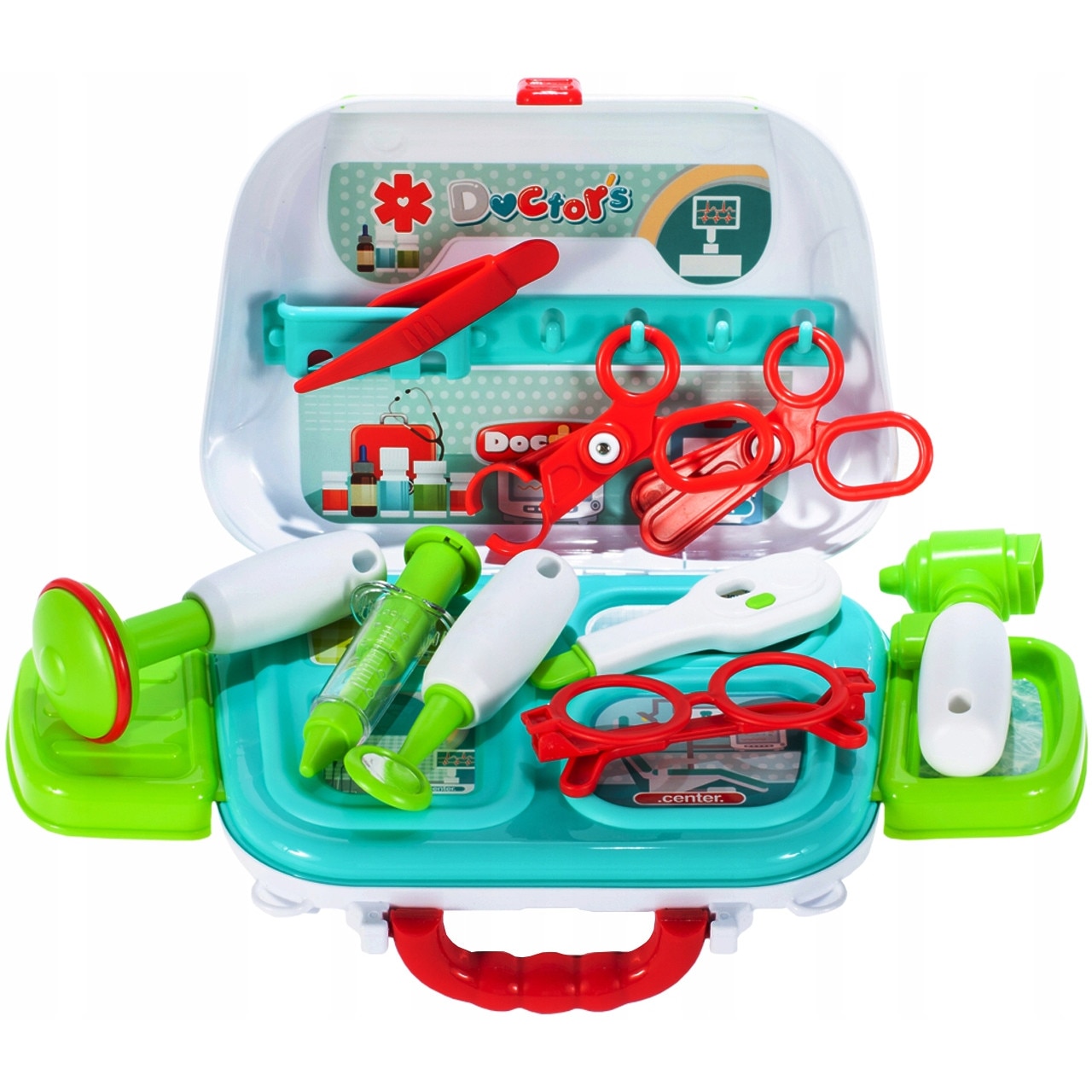 Set de Joaca, Trusa Medicala cu 9 Accesorii si Geanta de Umar, Include Termometru, Otoscop, Seringa, Ochelari, Dezvolta Imaginatia, Multicolor