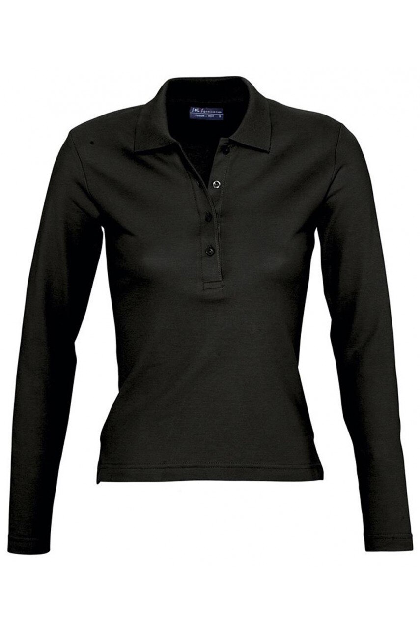 Tricou polo cu maneca lunga femei, bumbac, Sol's Podium, Negru