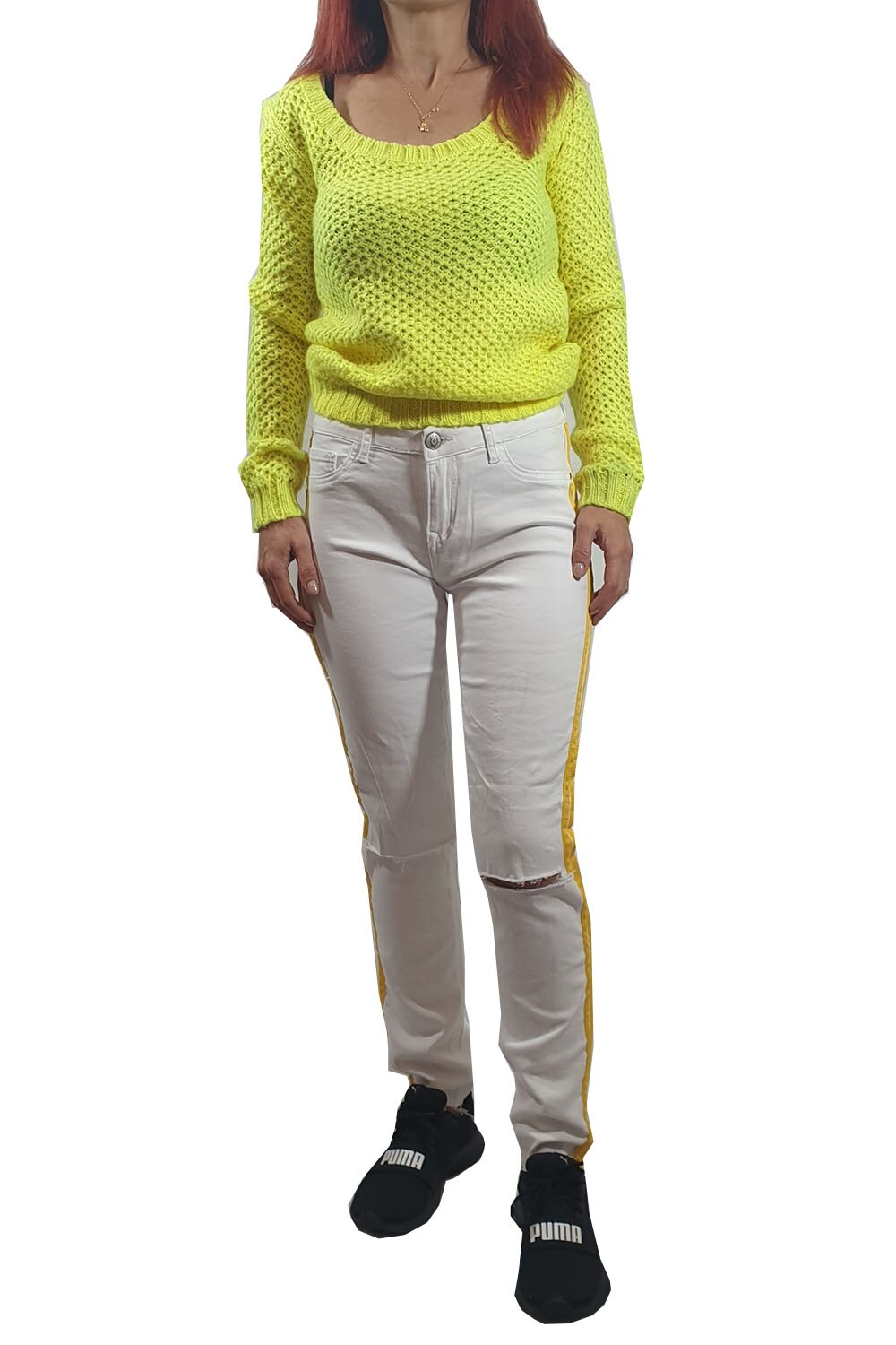 Blugi dama Tally Weijl, alb cu dungi galbene pe lateral, 40/L