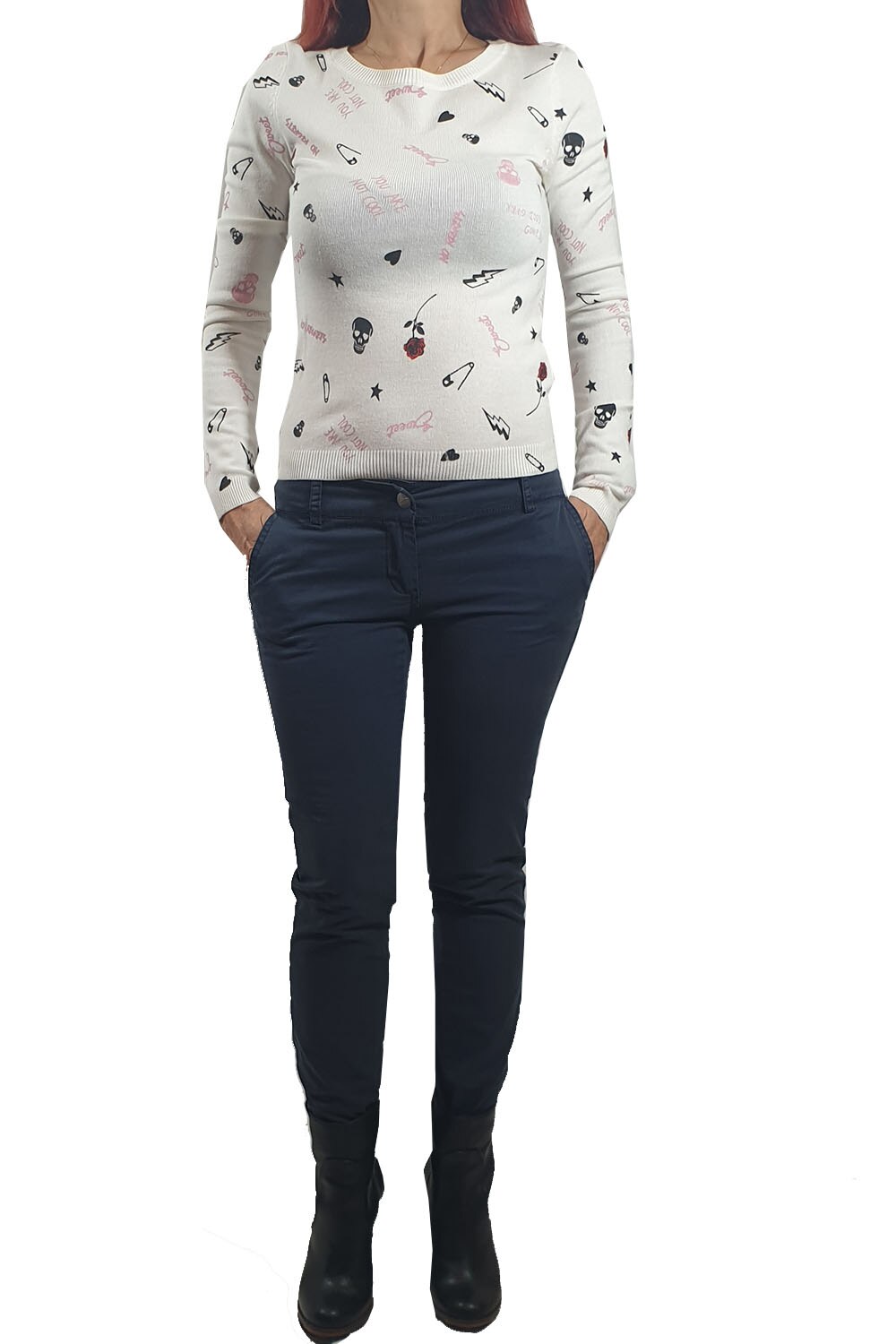 Pulover dama Tally Weijl, alb cu imprimeu divers, XS