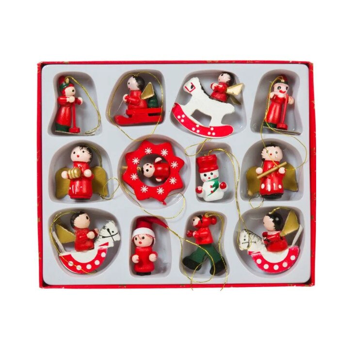 Set 12 ornamente pentru brad, din lemn, diferite modele, 3 cm