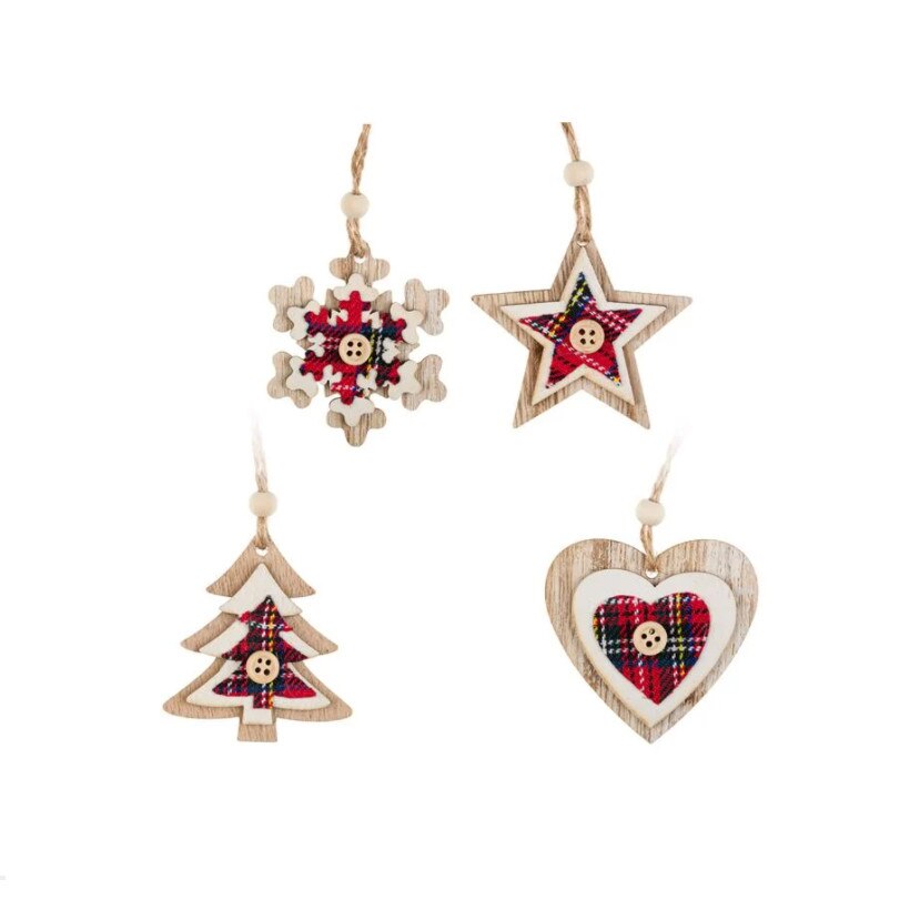 Set 8 ornamente pentru brad, din lemn, diferite modele, 6 cm