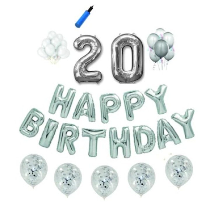 Set baloane Happy Birthday , 20 ani, argintiu