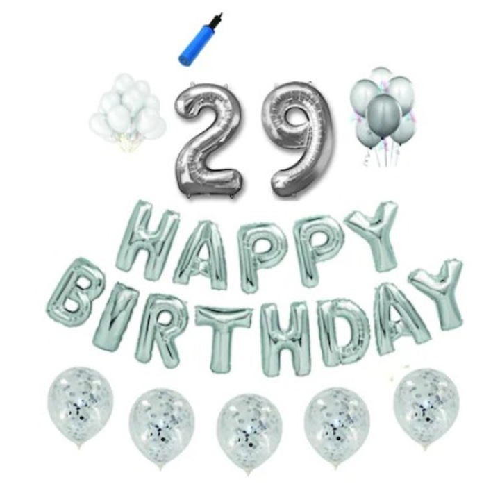 Комплект балони Happy Birthday, 29 години, сребро