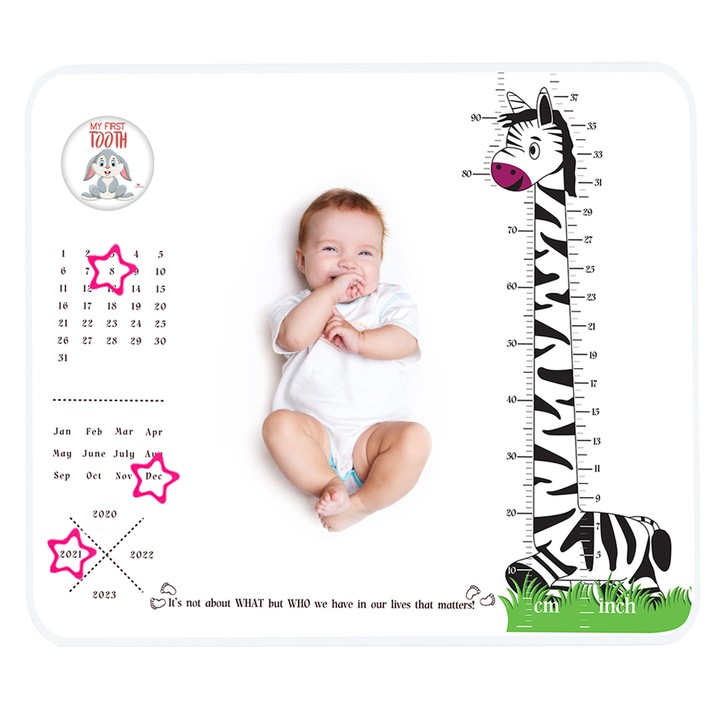 Одеяло за снимки на бебета Baby Milestone Blanket Long Neck Zebra, 100x120cm, бяло, полар, фино, плюс комплект от 20 забавни стикера My First, видими, 15 см диаметър, лепило на водна основа, нетоксични, за бременни и новородени