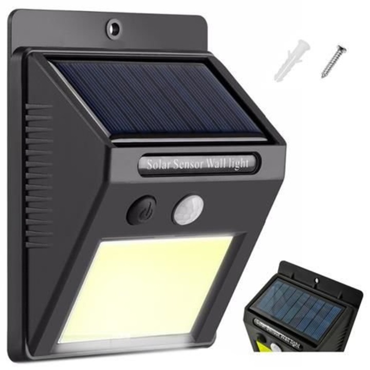 Napelemes fali LED lámpa fény- és mozgásérzékelővel, 48 db LED, 7 W, 4.7x9.5 cm, fekete