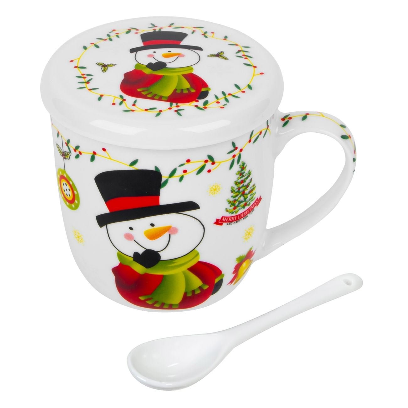 Set cana de ceramica cu lingurita si imprimeu om de zapada de Craciun, Lioness, 9 x 8.5 cm